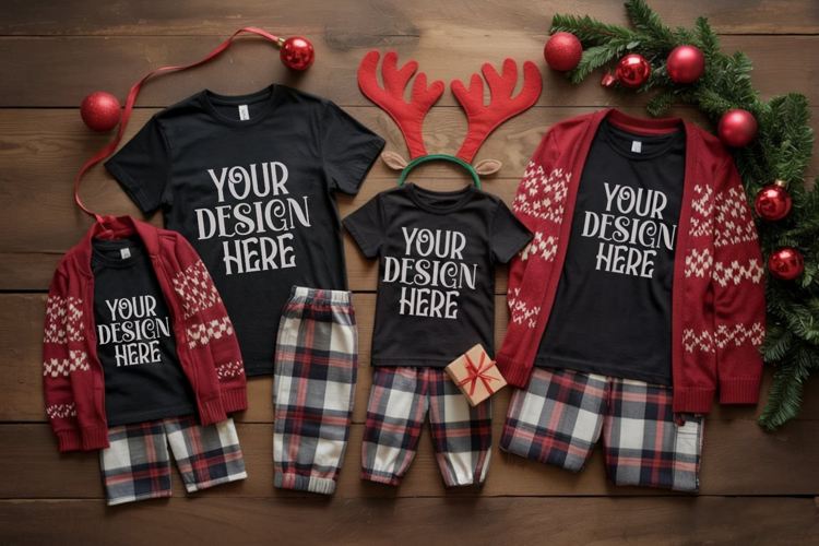 Christmas Family Matching Shirt Mockup | Cozy Boho Flat Lay
