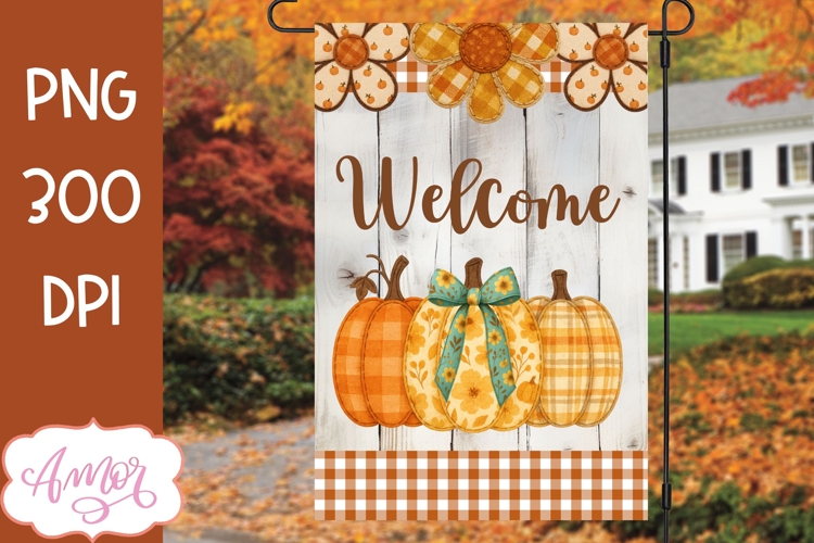 Welcome fall garden flag sublimation design, Fall pumpkins