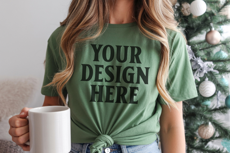 Christmas Bella Canvas 3001 Kelly Green Shirt Mockup ,Tran
