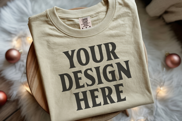 Ivory Comfort Colors 1717 Christmas Folded T-Shirt Mockup