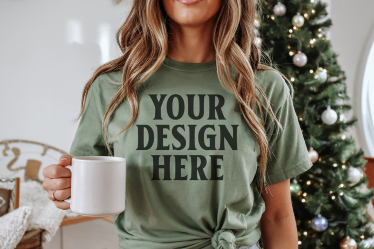 Christmas Bella Canvas 3001 Kelly Green Shirt Mockup ,Tran