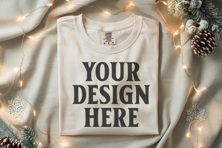 Ivory Comfort Colors 1717 Christmas Folded T-Shirt Mockup