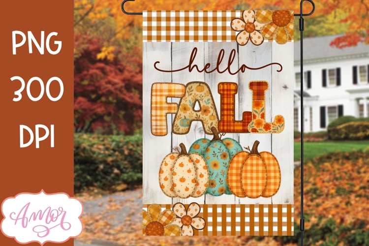 Hello fall garden flag sublimation design, Fall pumpkins