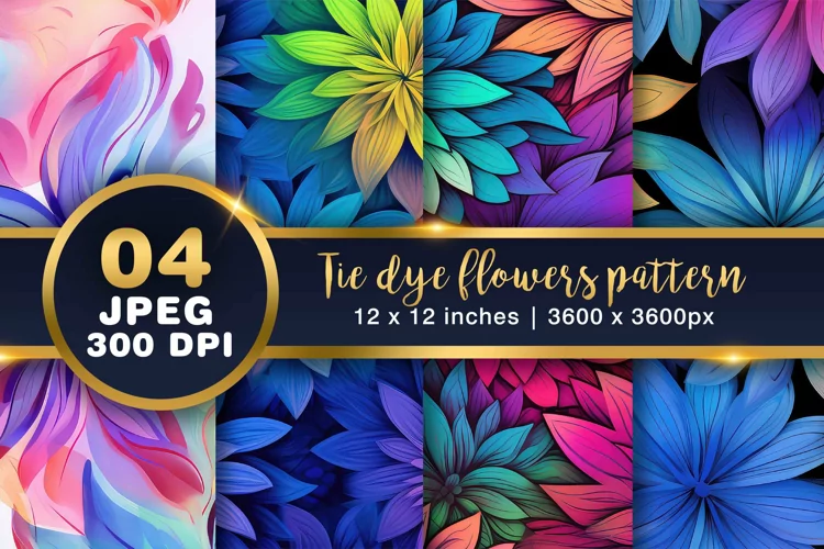 Tie dye Flowers Digital paper, rainbow floral pattern