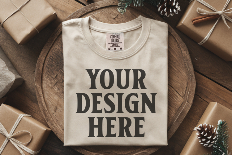 Ivory Comfort Colors 1717 Christmas Folded T-Shirt Mockup