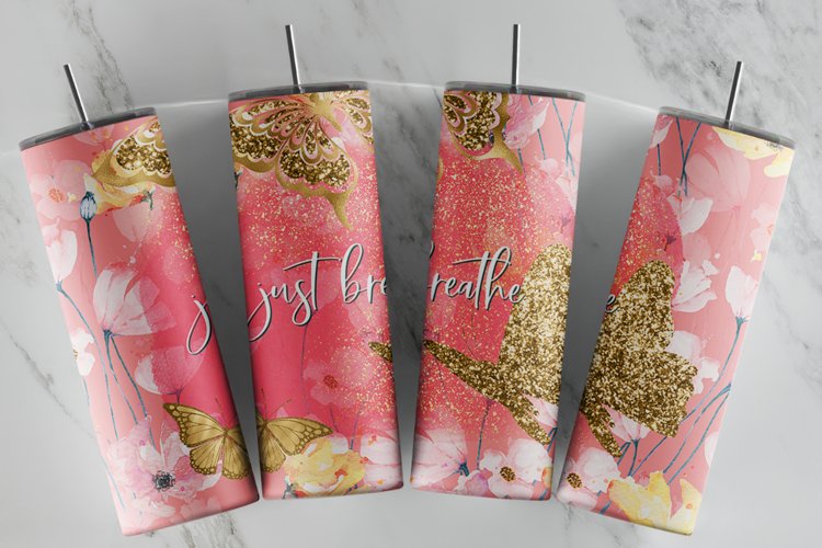 Just Breathe Butterfly Flowers Watercolor 20 oz tumbler wrap