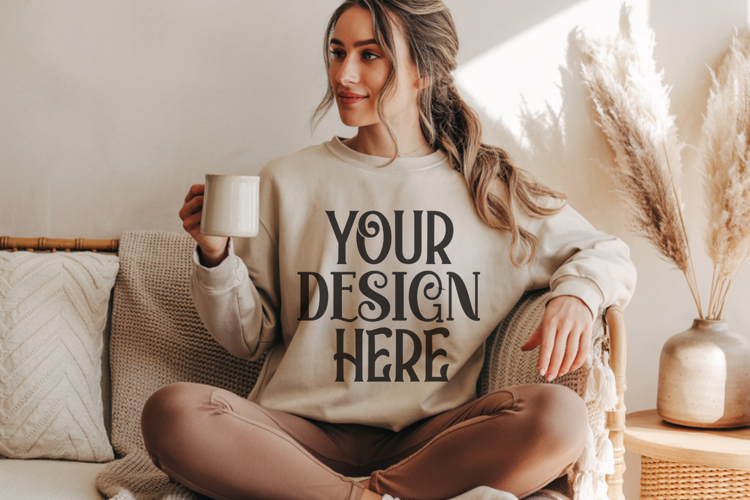 Sand Gildan 18000 Crewneck Sweatshirt Mockups,G18000