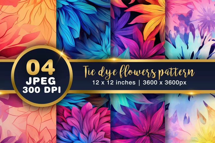 Tie dye Flowers Digital paper, rainbow floral pattern