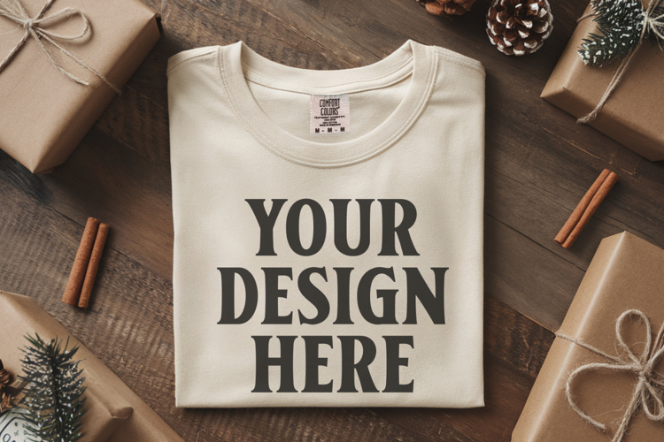 Ivory Comfort Colors 1717 Christmas Folded T-Shirt Mockup