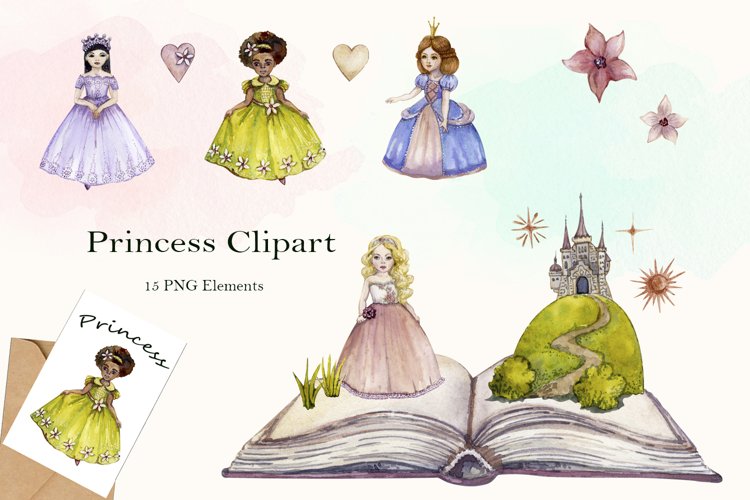 Watercolor Princess Clipart png set, Fairy Tale, Little Girl example image 1