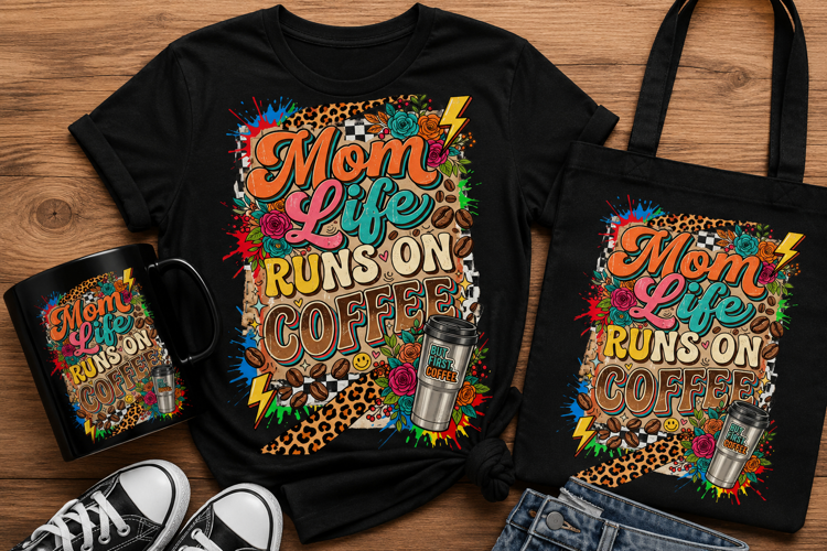Mom Life Runs on Coffee PNG Sublimation Design