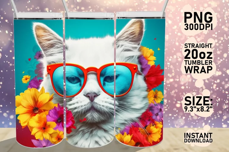 3D Cat Wear Glasses Tumbler Wrap Sublimation 20oz, Flower