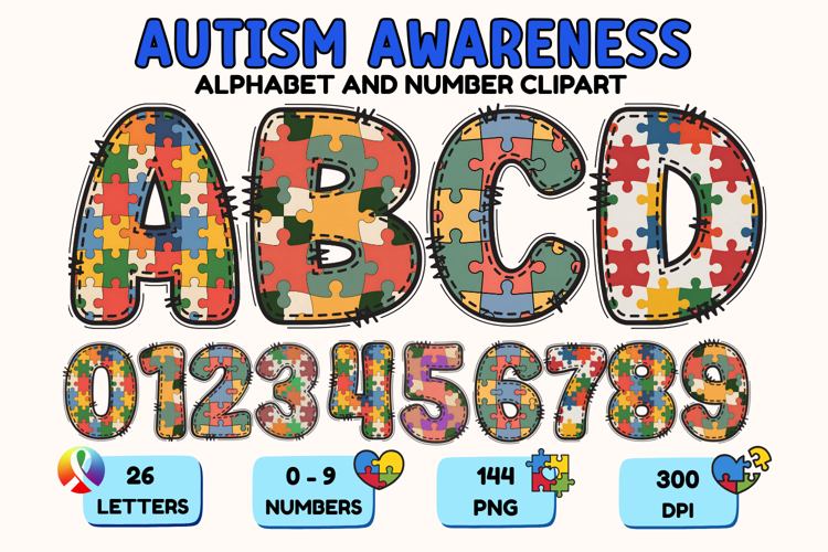 Autism Awareness Doodle Letters Puzzle Piece Alphabet PNG