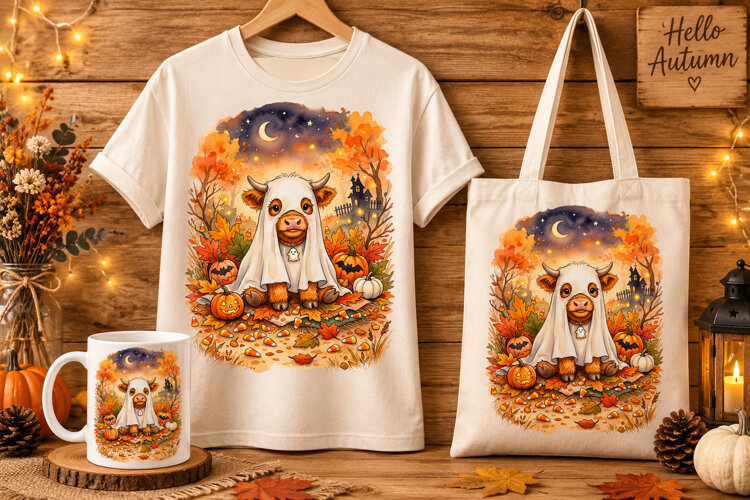 Spooky Ghost Highland Cow Watercolor Print, Cute Fall Art example image 1