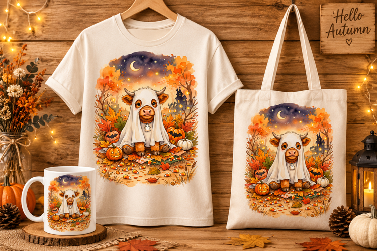 Spooky Ghost Highland Cow Watercolor Print, Cute Fall Art