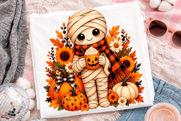 Cute Mummy Halloween Pumpkin Fall Season T-Shirt Design