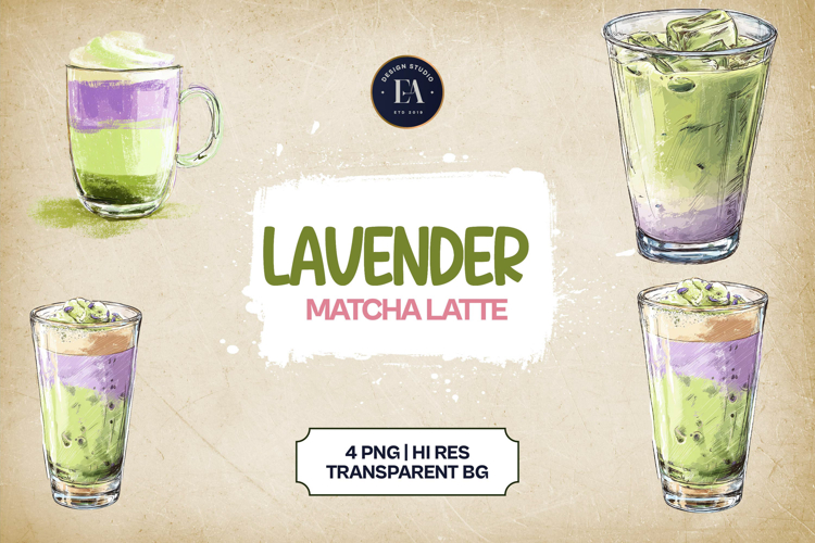 Lavender Matcha Latte Clipart Bundle 4 PNG
