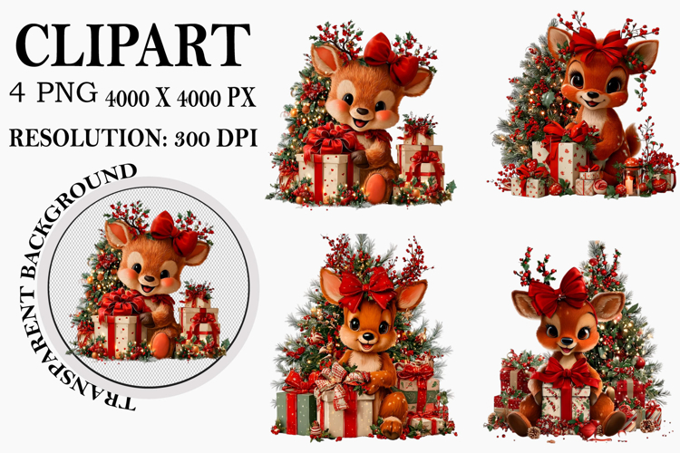 Whimsical santa reindeer clipart Watercolor PNG