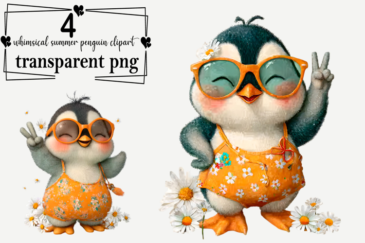 Whimsical Summer Penguin Clipart Watercolor PNG example image 1