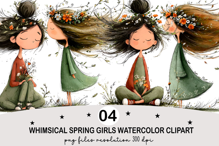 Whimsical Spring Girls Clipart Watercolor png