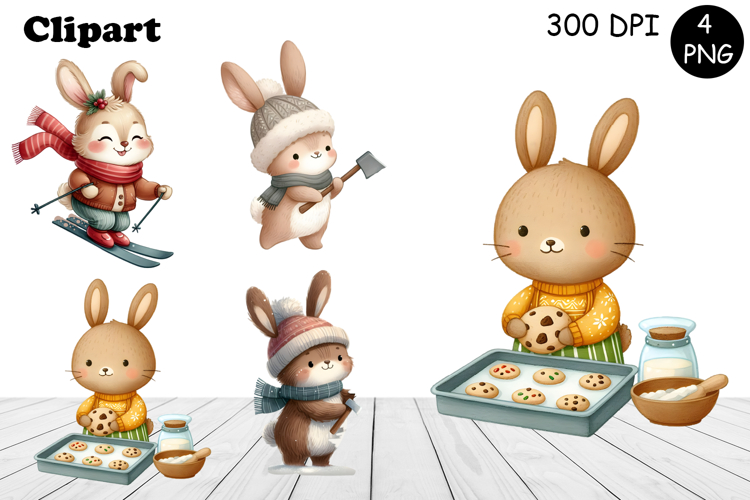 Christmas bunny animals winter Watercolor Clipart
