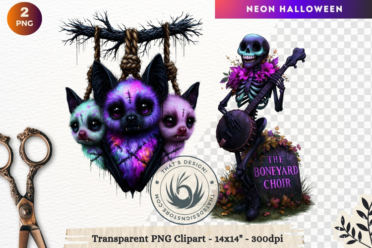 Neon Halloween Character Clipart Spooky Kawaii skeleton PNG