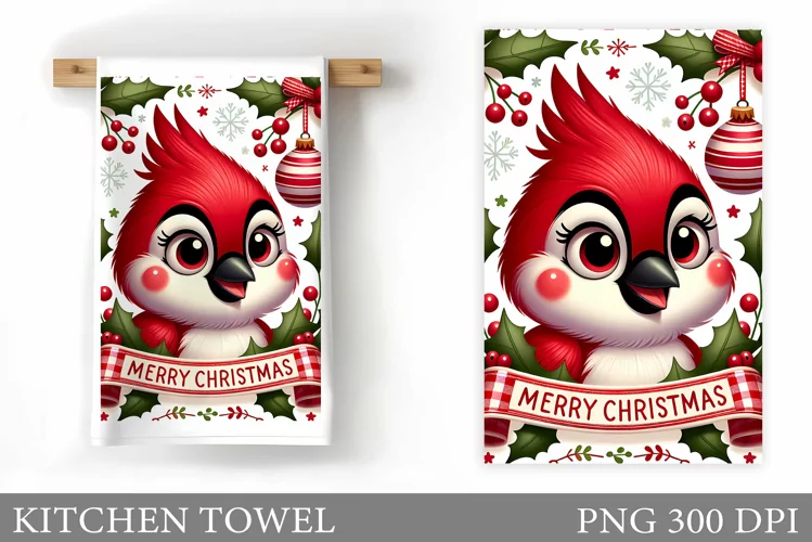 Cute Cardinal Kitchen Towel. Christmas Bird Kitchen Towel