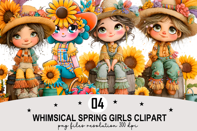 Whimsical Spring Girls Clipart Watercolor PNG