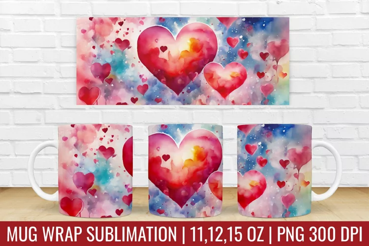 Valentines Day Hearts Mug Wrap|Mug Watercolor Design