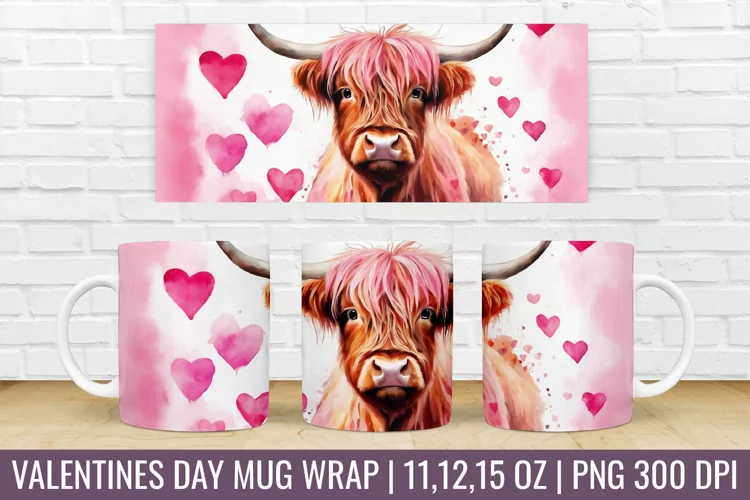 Valentines Day Highland Cow Mug Wrap|Mug Watercolor Design