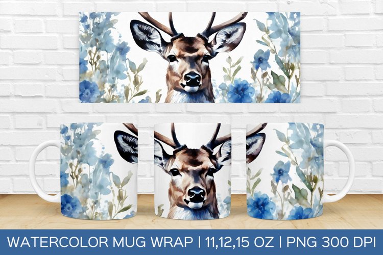 Watercolor Flower Deer Mug Wrap|Christmas Sublimation Design