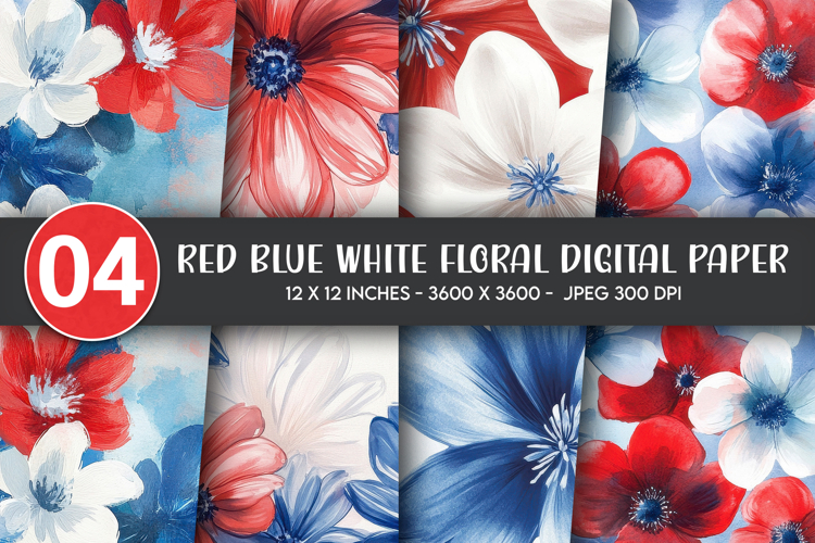 Red Blue White Floral Digital Paper
