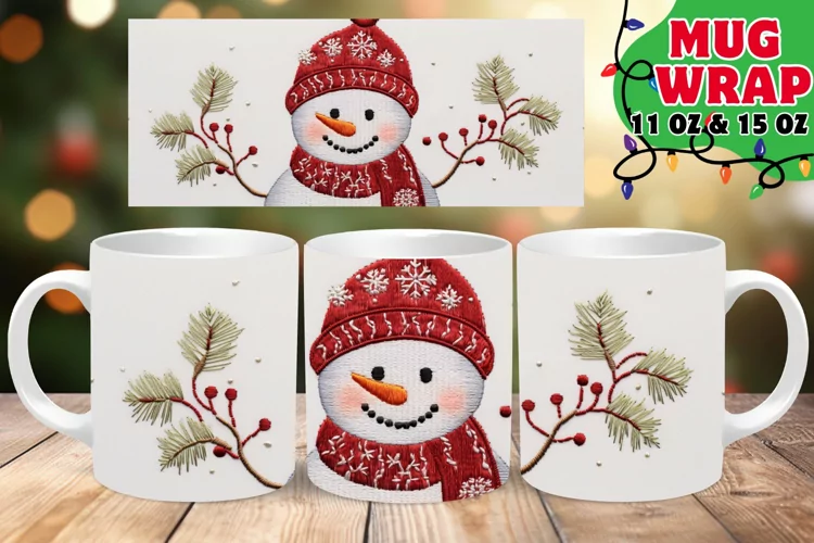 3D Winter Snowman Embroidered Charm 11oz Mug