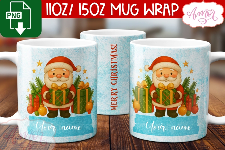 Custom Christmas mug wrap PNG, Santa mug png template