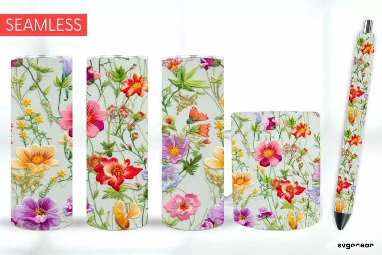 Embroidery Flowers Sublimation | Tumbler | Mug | Pen