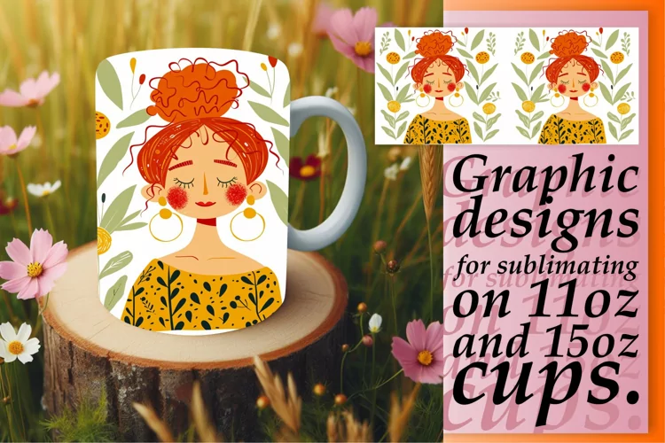 Watercolor Floral Mug Wrap with Woman Portrait 11oz/15oz