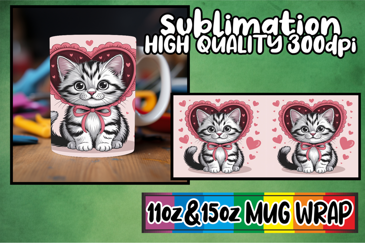 Joyful heart sublimation mug wrap, Valentines Cat