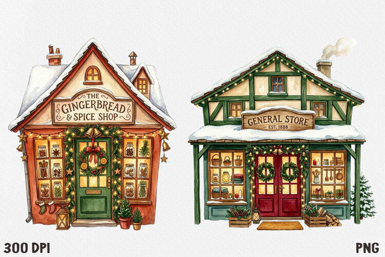 Christmas Village Watercolor Clipart PNG, Whimsical Holiday example image 1