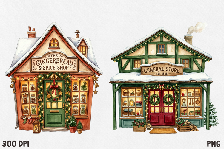Christmas Village Watercolor Clipart PNG, Whimsical Holiday