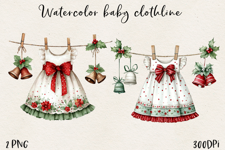 Watercolor Christmas Baby Clothesline Clipart PNG