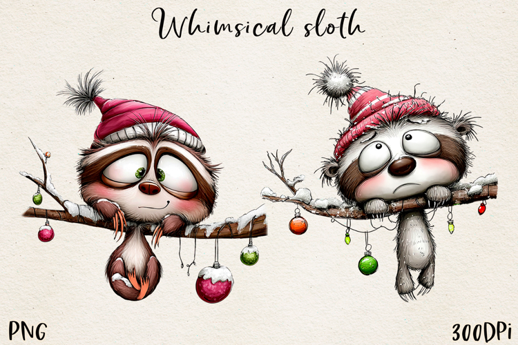 Whimsical Winter Sloths | Cute Cozy Sloth Clipart PNG