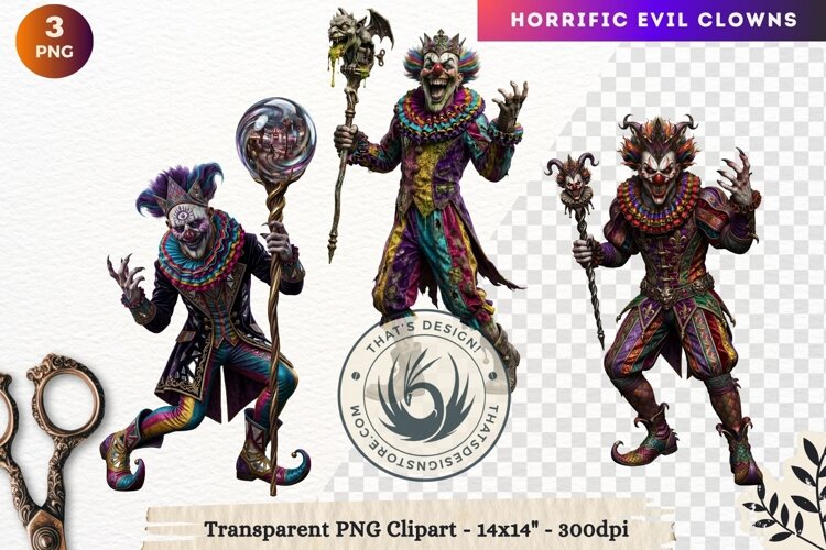 Horrific Evil Clown Clipart - Creepy Circus PNG Graphics example image 1