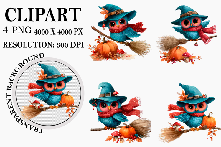 Whimsical Halloween Owl Clipart Watercolor PNG