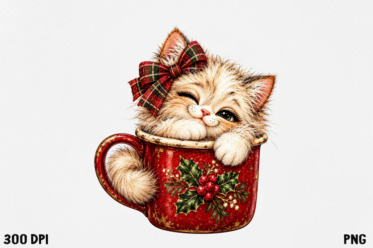 Cute Christmas Cat Clipart PNG | Whimsical Holiday Kitty