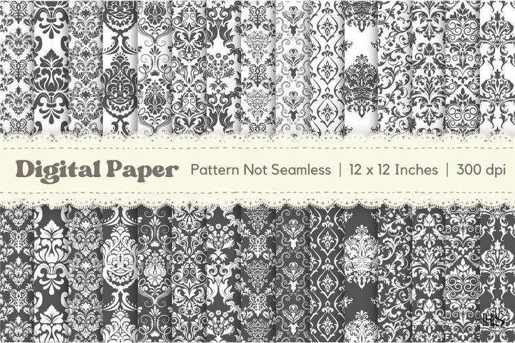 30 Black Damask Pattern Digital Paper, Pastel Background example image 1