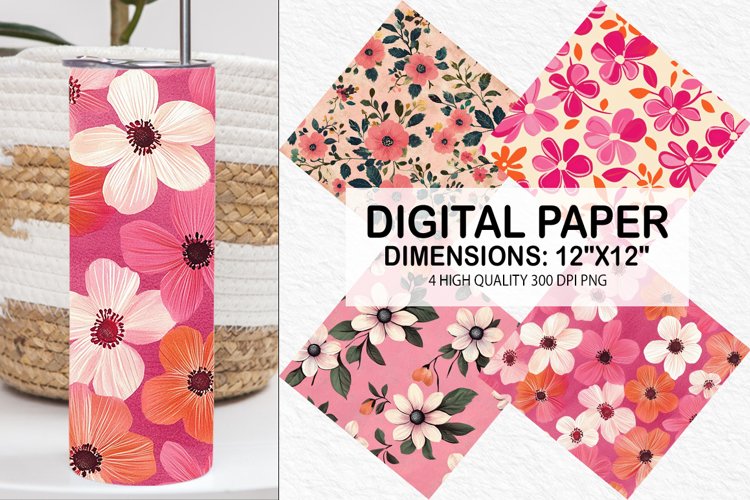 Pink Retro Flowers Digital Paper - Flowers Background