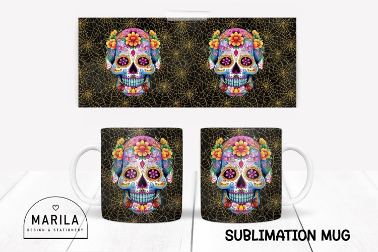 Floral Skull Mug Sublimation Design / halloween Mug #12 example image 1