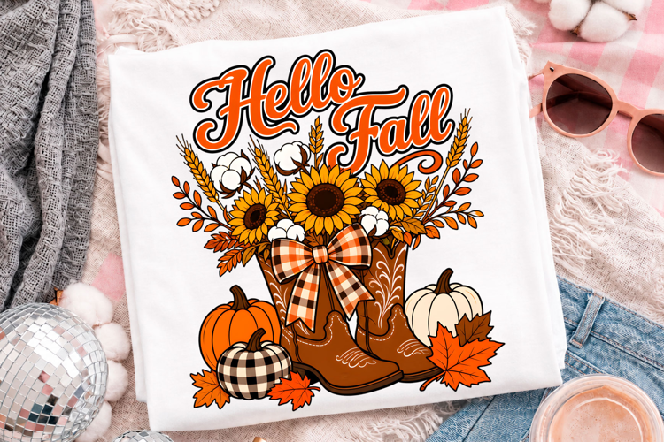 Hello Fall Floral Boots With Sunflowers Pumpkins