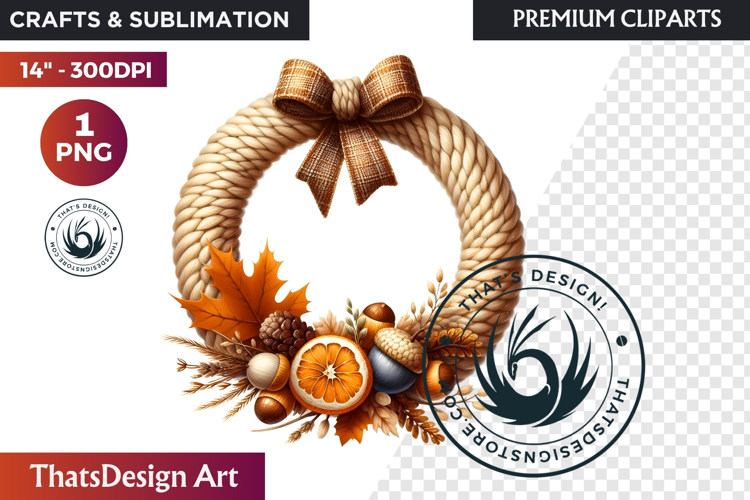 Cozy Autumn Wreath - Boho Farmhouse Fall Clipart PNG
