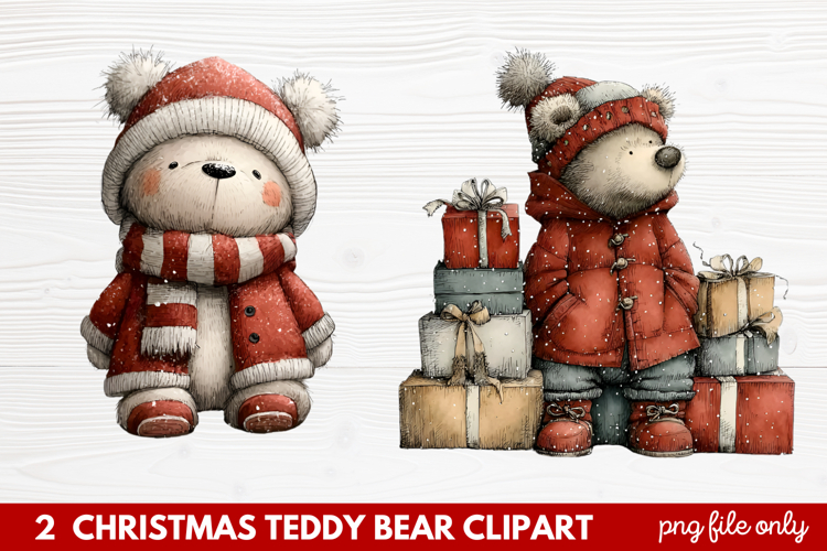 2 Christmas Teddy Bear Clipart | Cute Holiday Bear PNG Illus